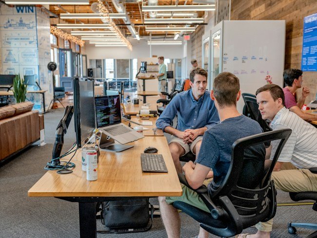 Colleagues collaborating during a meeting